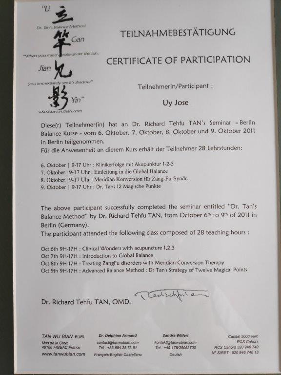 Dr. Tan's Balance Method Zertifikat